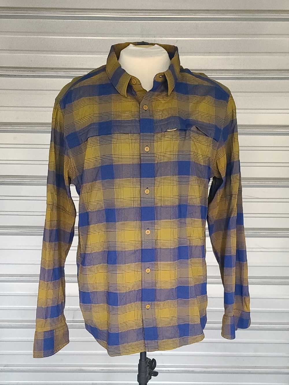 Men's Blue and Mustard Plaid Button-Up Shirt